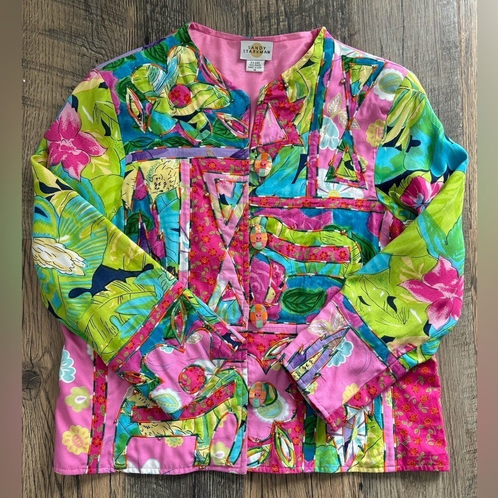 Vtg Sandy Starkman Blazer ART Wear Patchwork Bright Jacket 80s 90s SZ Medium